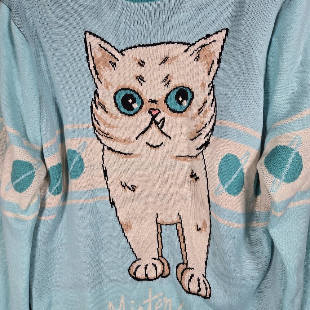 Lil Bub Mister Marbles Sweater Womens 3XL Blue Knit Space Cat Graphic Pullover - Picture 3 of 11